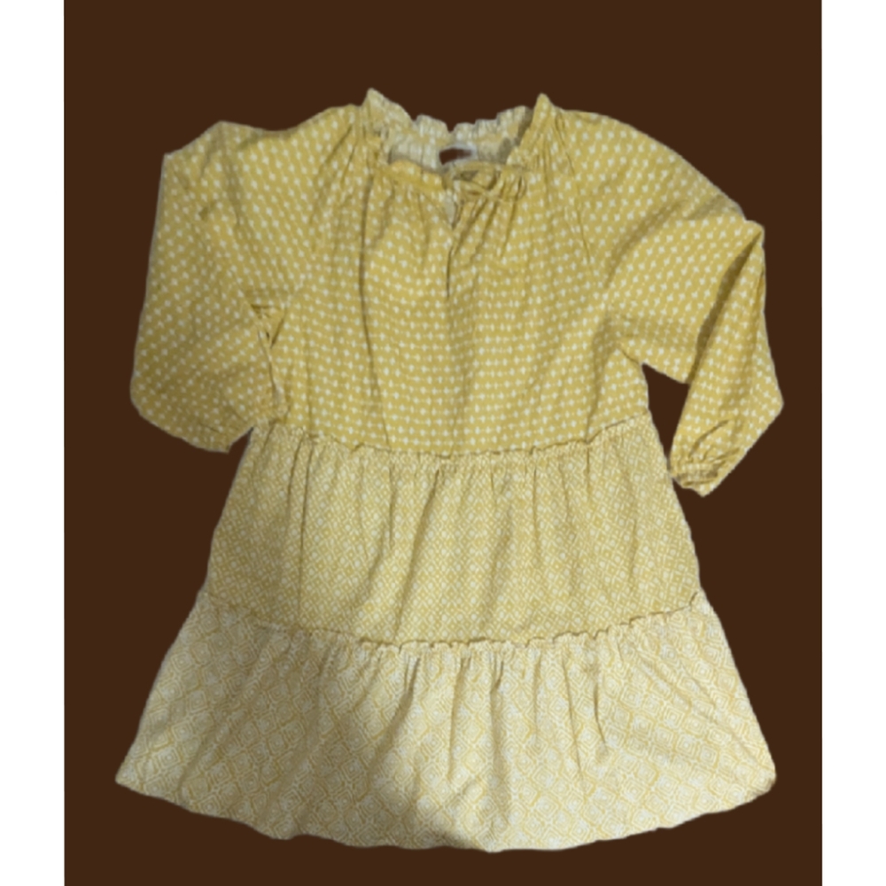 Loft Tiered Cotton Dress Sz M  Mustard Yellow Multi Print Knee Puff Sleeve 🌼(4) - Picture 3 of 16